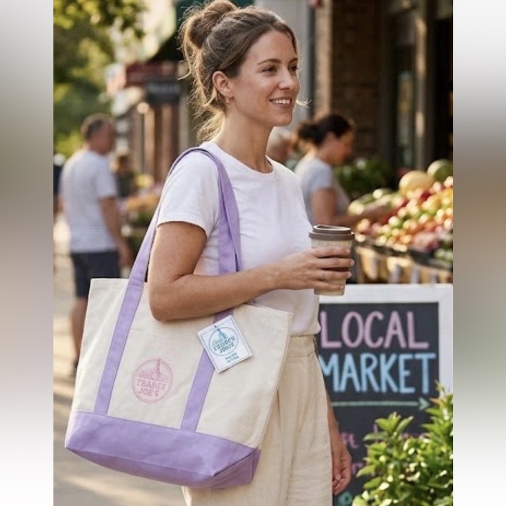 NEW, Trader Joe's Large Pastel Purple Canvas Tote Bag Lavender Limited - Picture 3 of 3